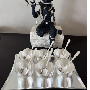 SILVER PLATED6PC ICECREAM BOWL SPOON TRAT SET''