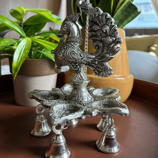 PEACOCK DIYA WITH BELL HANGING PAIR